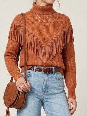 Chelsea & Theodore Boho Fringe Turtleneck Sweater - Rust